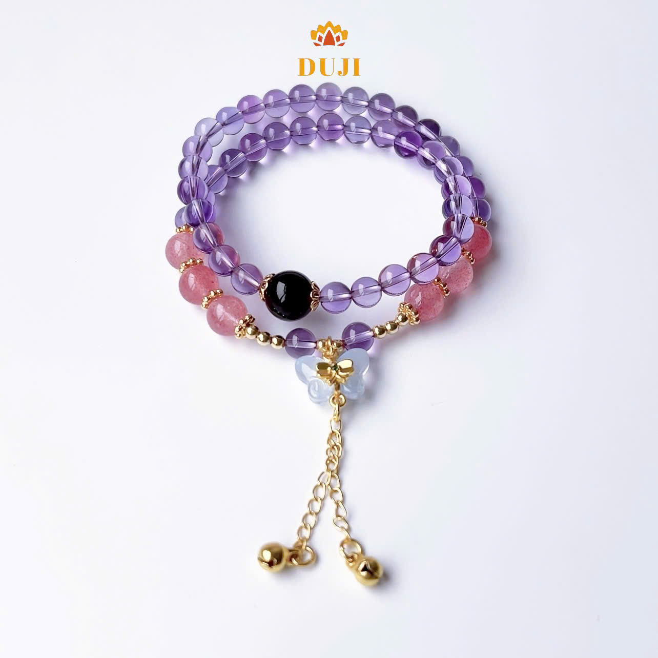 [DUJI] Vòng tay thạch anh tím mix thạch anh dâu tây kết hợp charm bướm đá tự nhiên 100%
