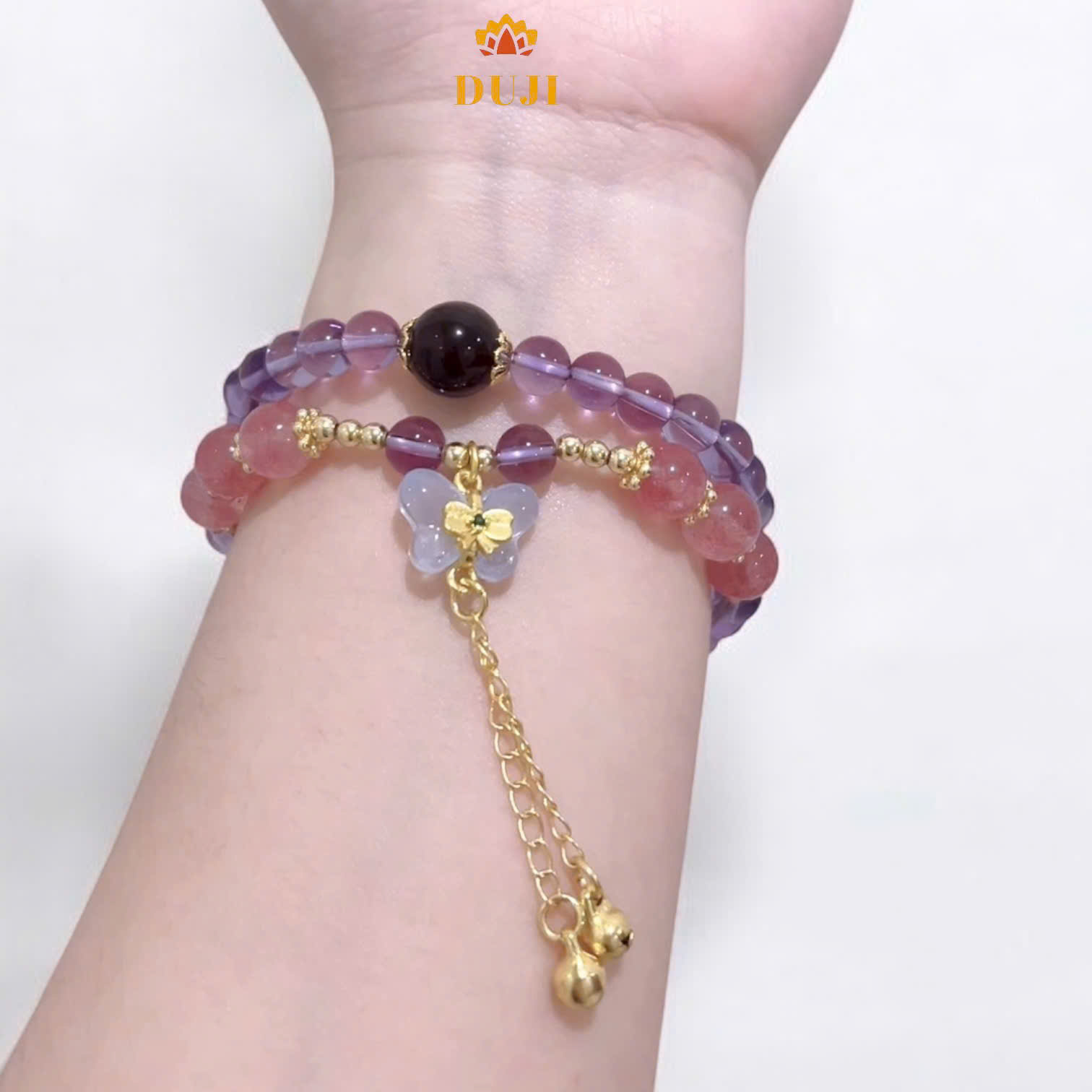 [DUJI] Vòng tay thạch anh tím mix thạch anh dâu tây kết hợp charm bướm đá tự nhiên 100%