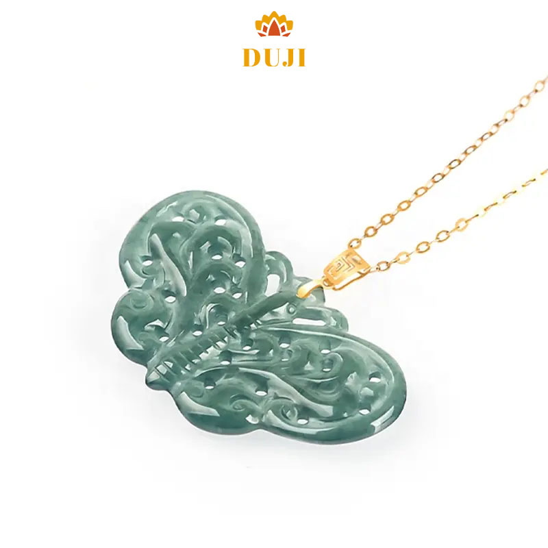 Mặt dây chuyền bướm nước xanh ngọc bích tự nhiên khảm vàng 18K trang sức