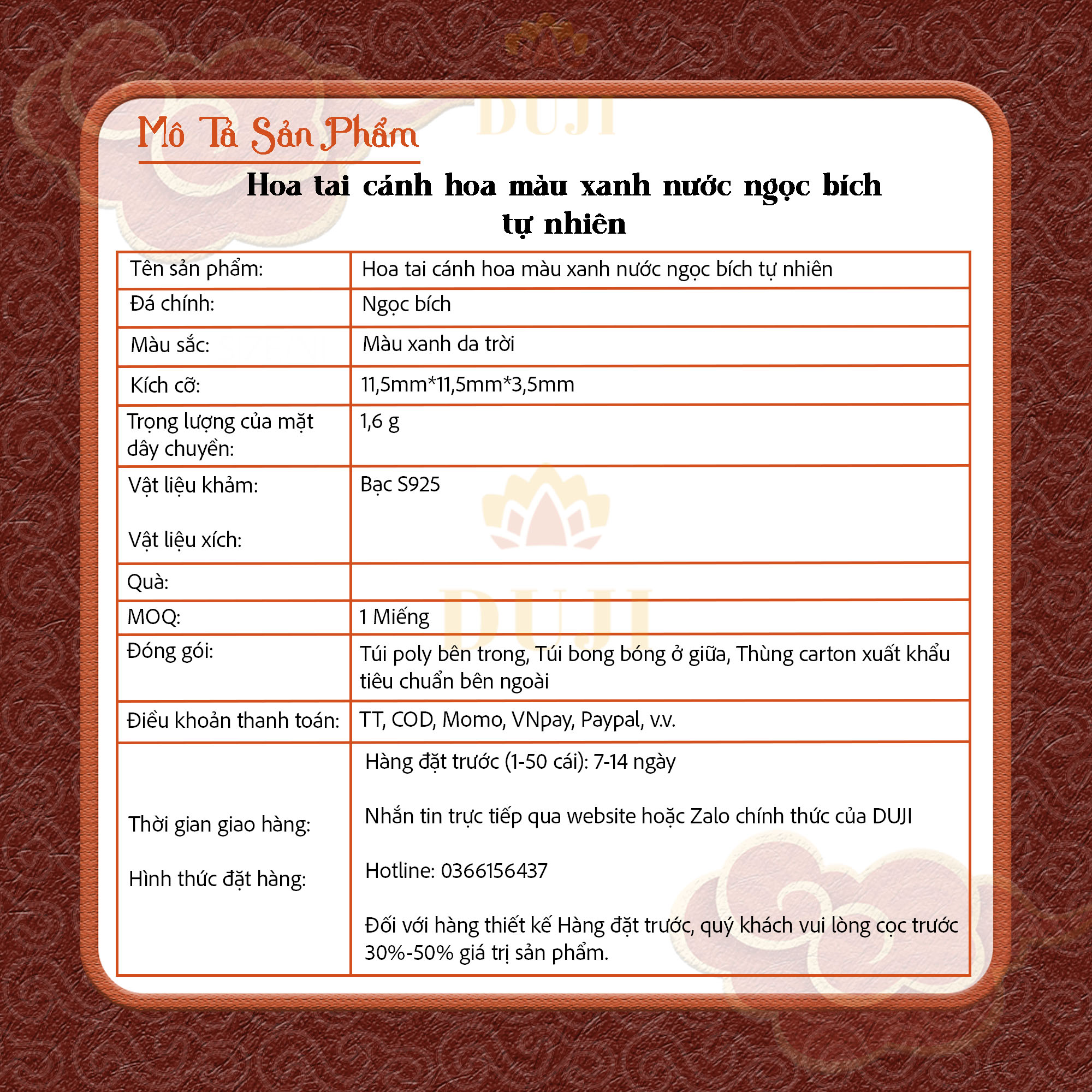 Hoa tai ngọc bích xanh nước biển tự nhiên S925