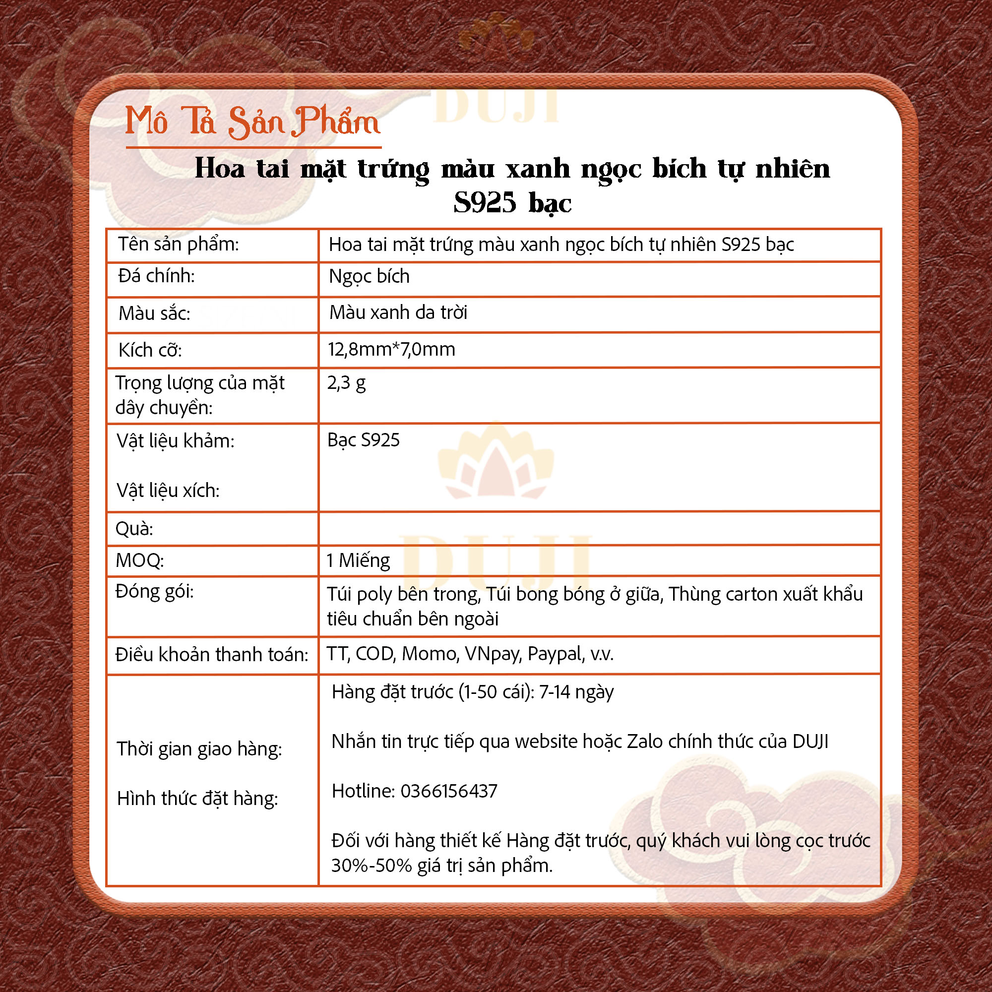 Hoa tai mặt trứng màu xanh ngọc bích tự nhiên S925 bạc