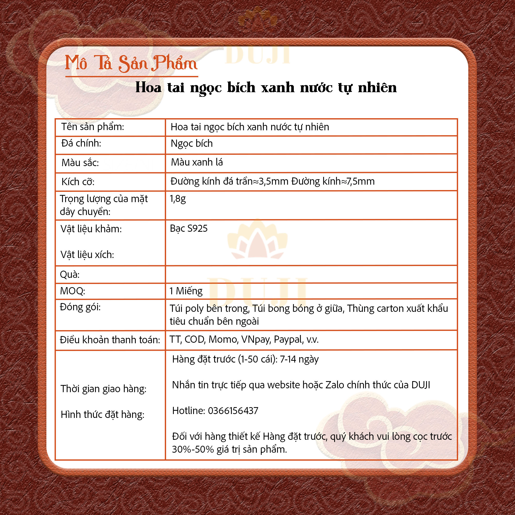 Hoa tai ngọc bích xanh nước thiên nhiên S925