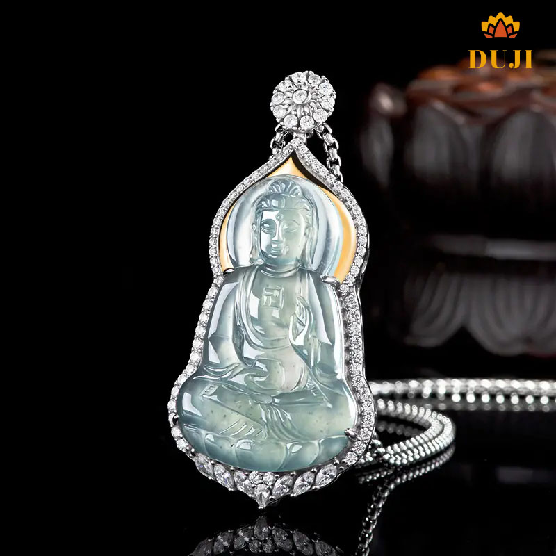 Mặt dây chuyền Phật A Di Đà bằng ngọc bích xanh nước tự nhiên S925