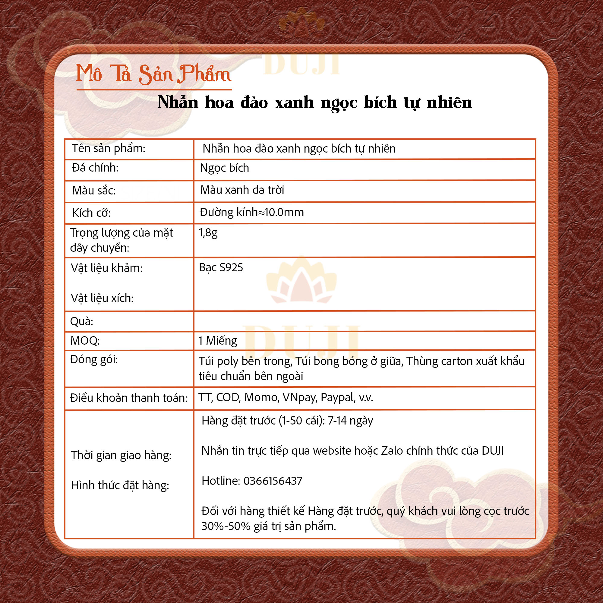 Nhẫn hoa đào xanh ngọc bích tự nhiên S925