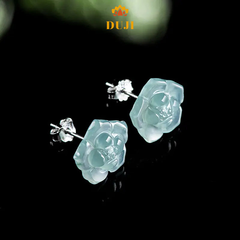 Hoa tai ngọc bích xanh nước biển tự nhiên S925