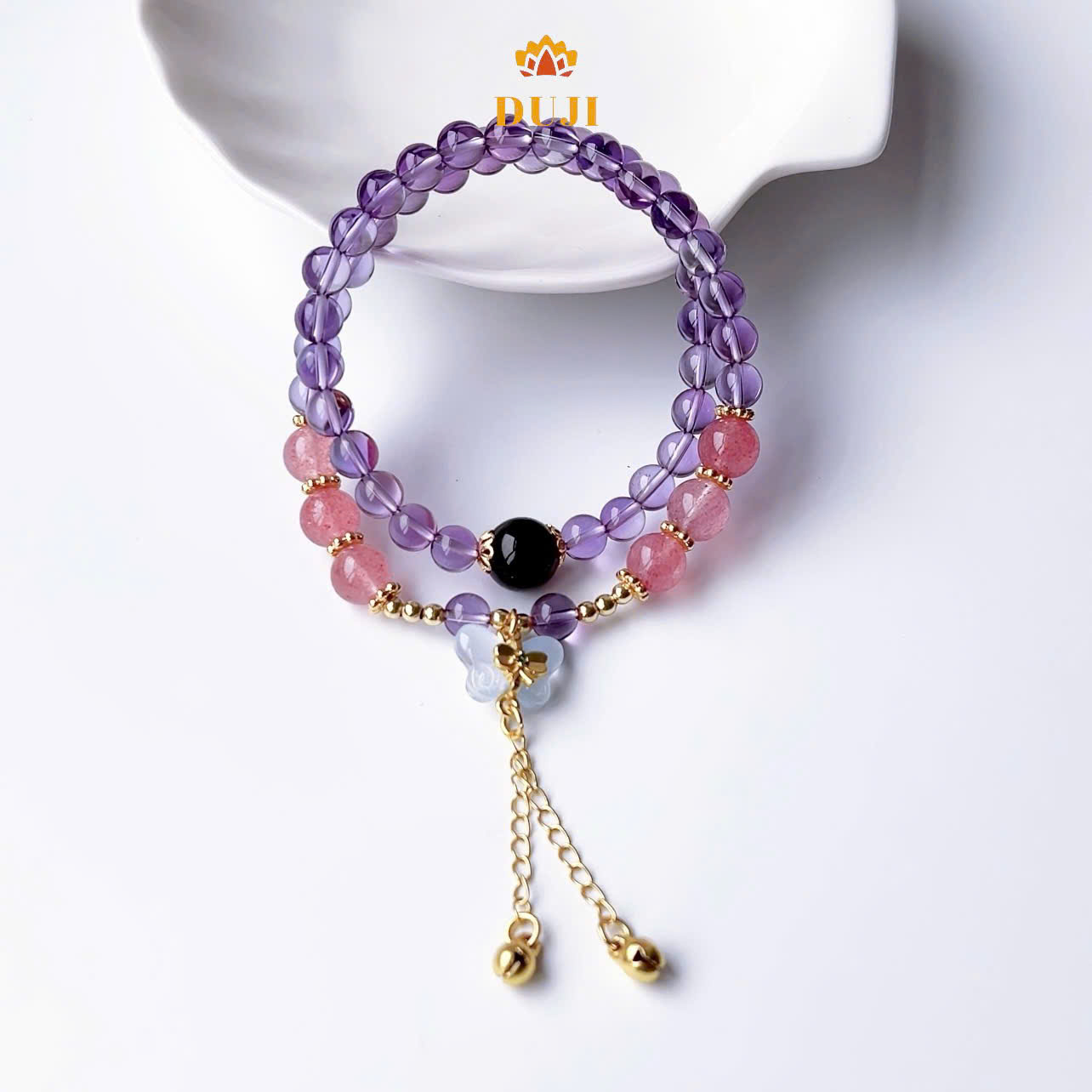 [DUJI] Vòng tay thạch anh tím mix thạch anh dâu tây kết hợp charm bướm đá tự nhiên 100%