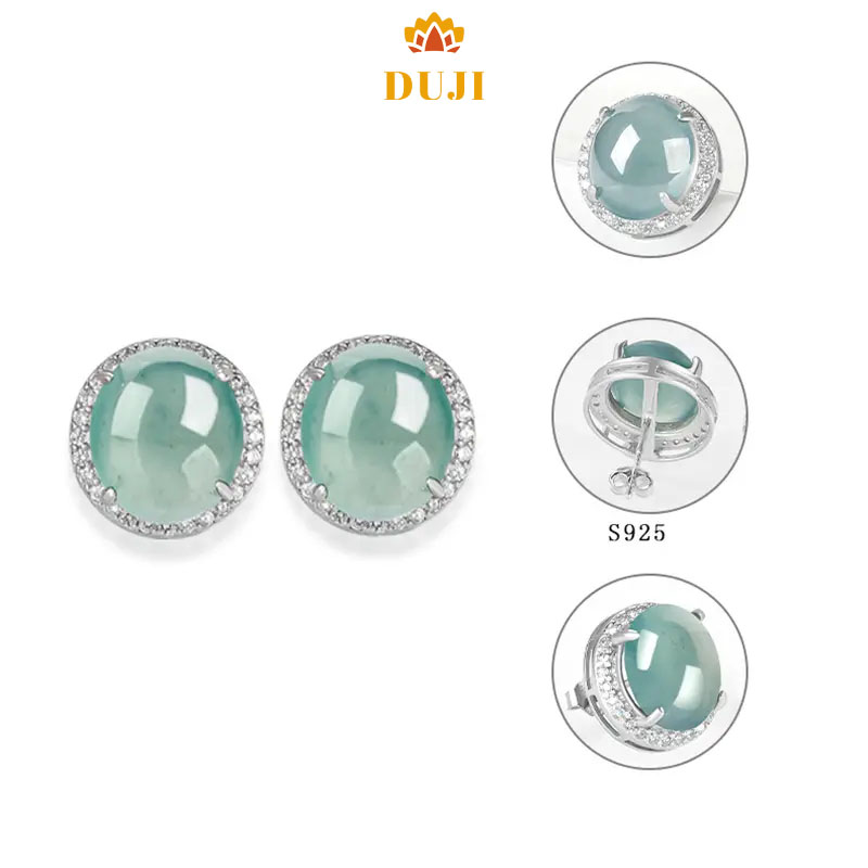 Hoa tai ngọc bích xanh nước thiên nhiên S925