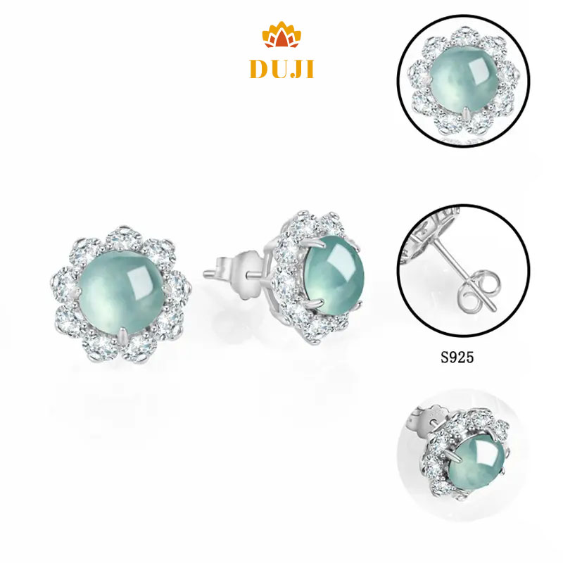 Hoa tai ngọc bích xanh nước thiên nhiên S925 bạc