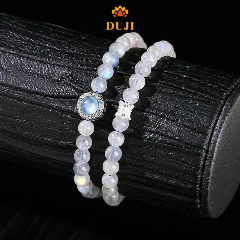 Vòng tay 2 lớp may mắn đá mặt trăng màu xám tự nhiên mix viên chủ đá Aquamarine