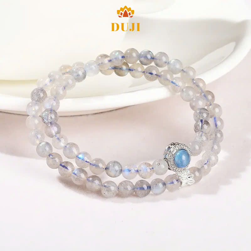 Vòng tay 2 lớp may mắn đá mặt trăng màu xám tự nhiên mix viên chủ đá Aquamarine