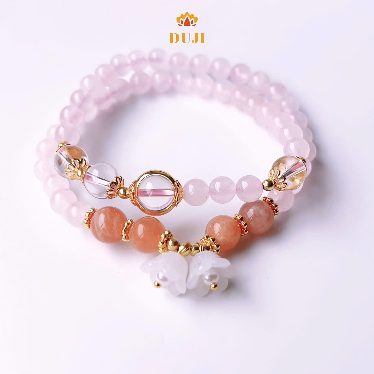 [DUJI] Vòng tay thạch anh hồng mix thạch anh trắng mix đá mặt trời đá tự nhiên 100%