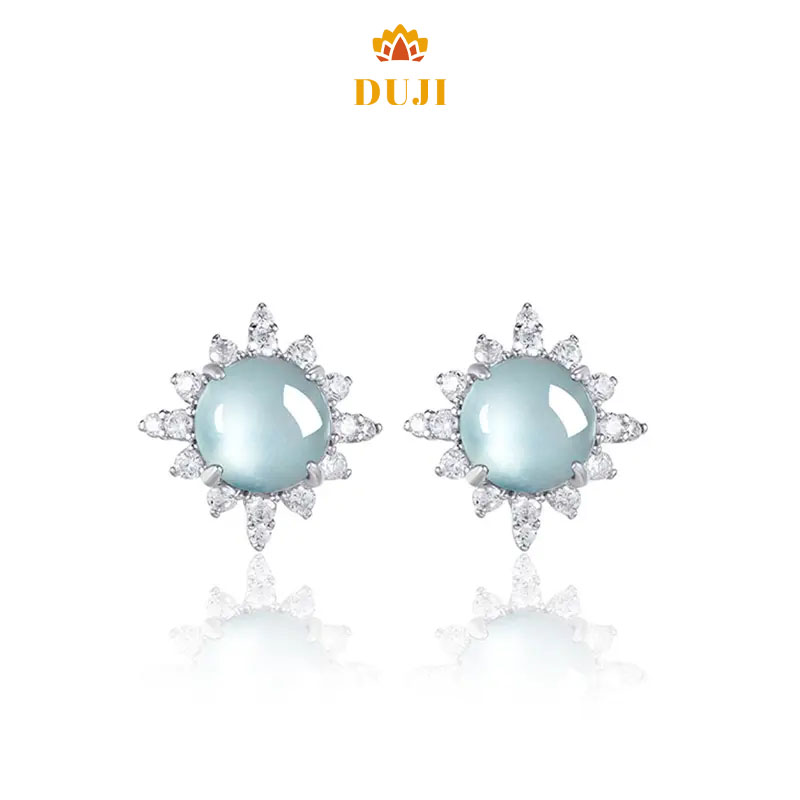 Hoa tai mặt trứng màu xanh ngọc bích tự nhiên S925 bạc