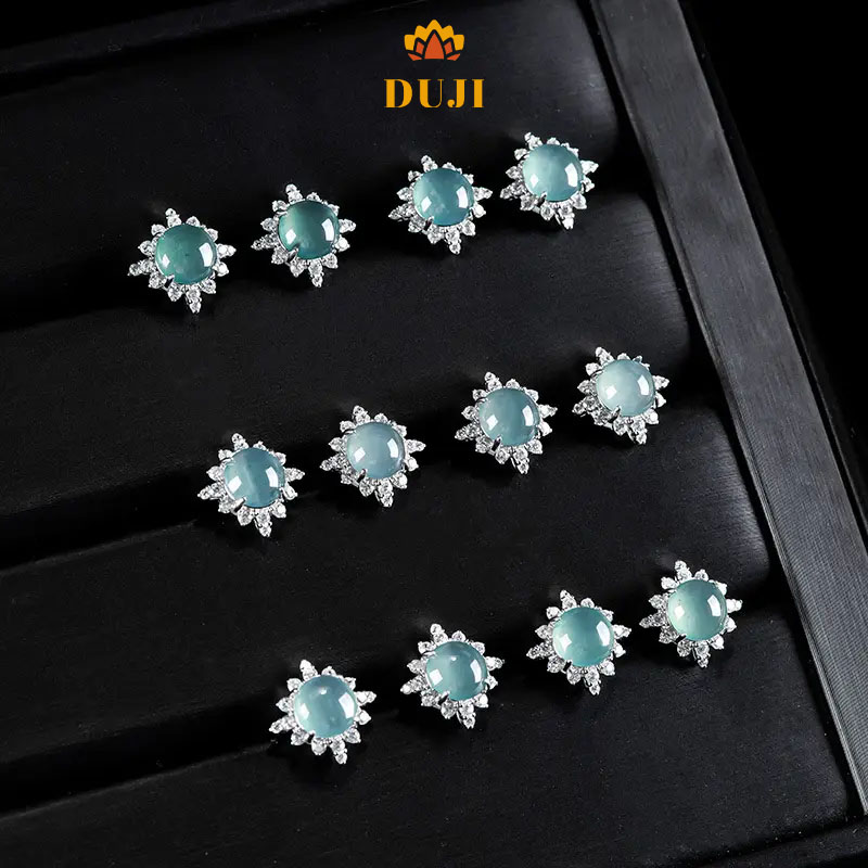 Hoa tai mặt trứng màu xanh ngọc bích tự nhiên S925 bạc