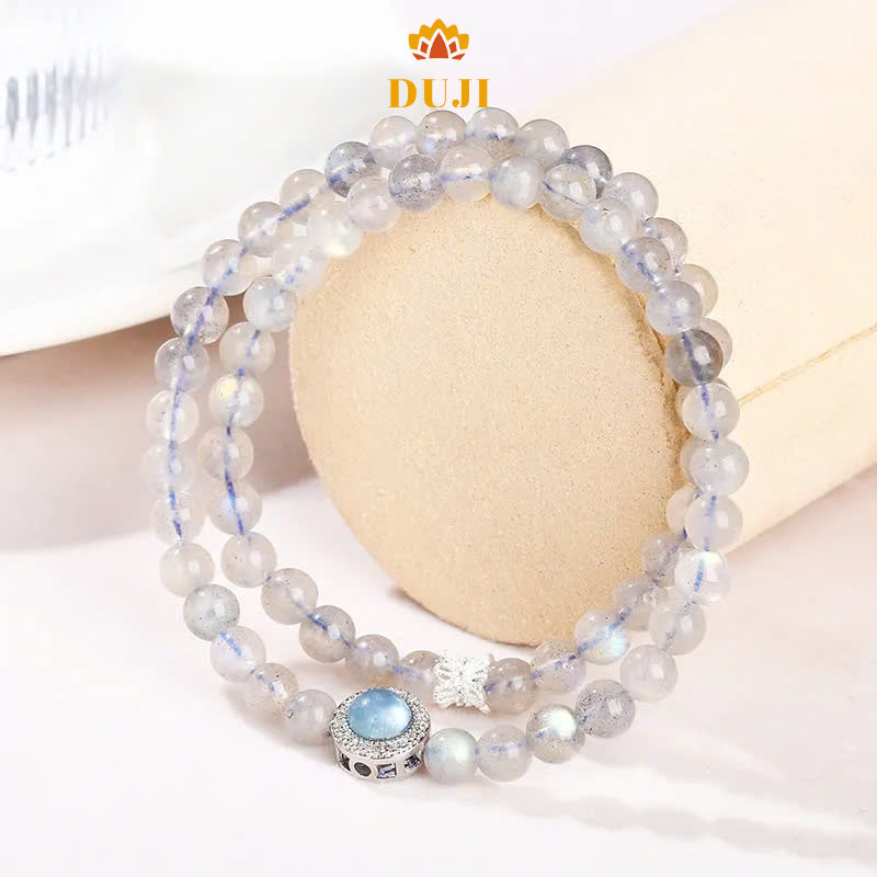 Vòng tay 2 lớp may mắn đá mặt trăng màu xám tự nhiên mix viên chủ đá Aquamarine