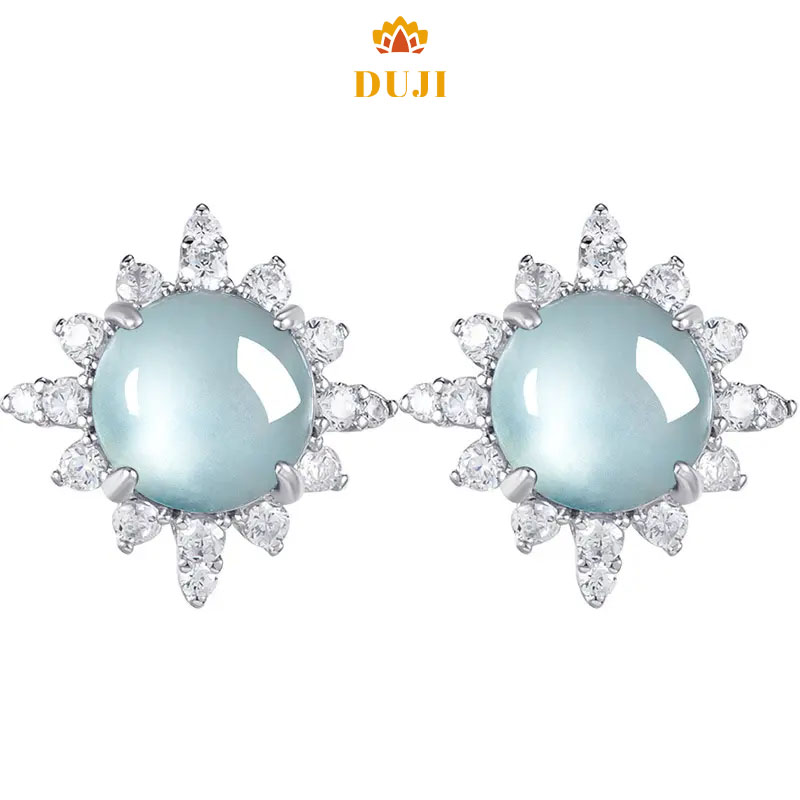 Hoa tai mặt trứng màu xanh ngọc bích tự nhiên S925 bạc