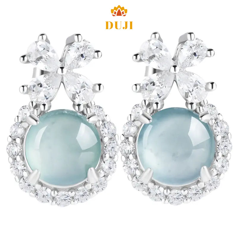 Jadeite tự nhiên nước xanh loại jadeite Trang sức tinh xảo Hoa tai nữ Bạc S925