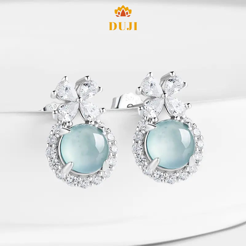 Jadeite tự nhiên nước xanh loại jadeite Trang sức tinh xảo Hoa tai nữ Bạc S925