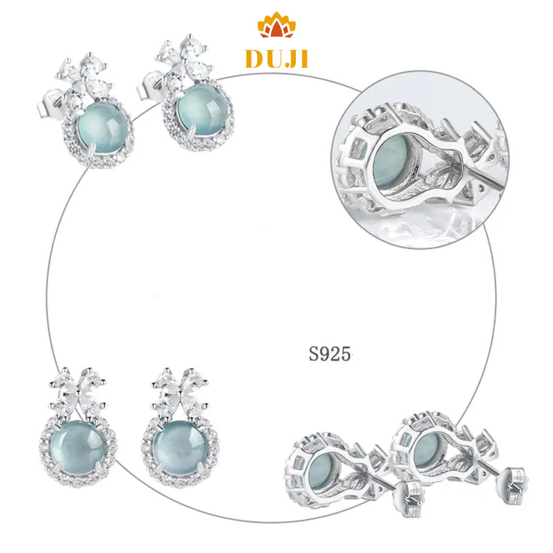 Jadeite tự nhiên nước xanh loại jadeite Trang sức tinh xảo Hoa tai nữ Bạc S925