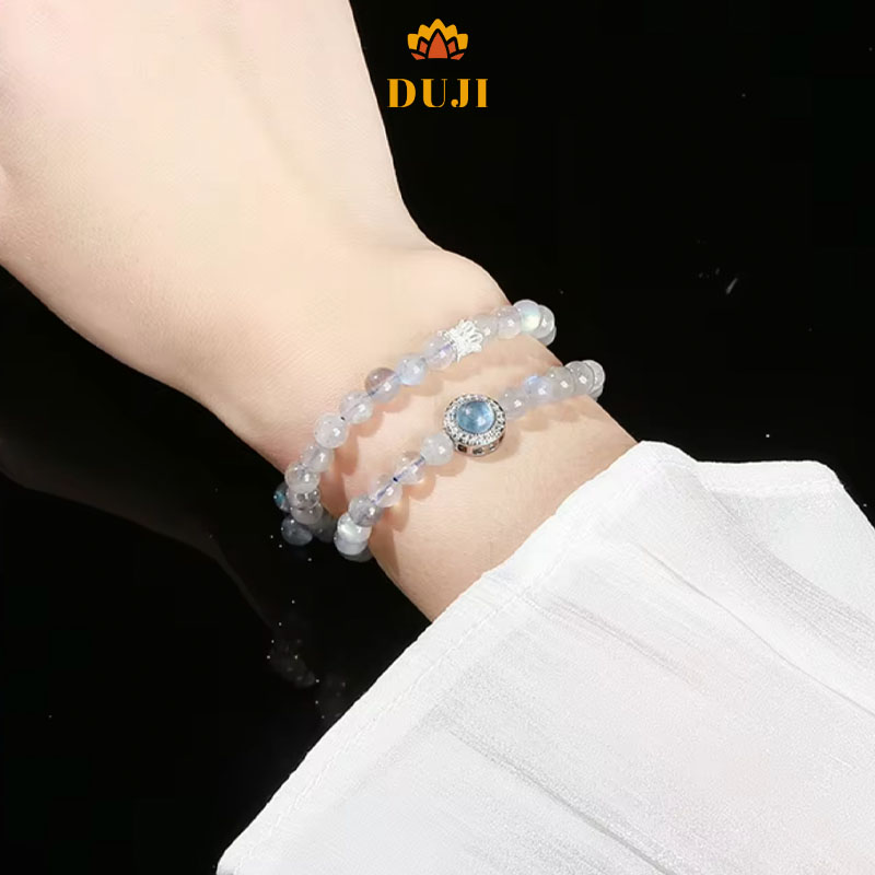 Vòng tay 2 lớp may mắn đá mặt trăng màu xám tự nhiên mix viên chủ đá Aquamarine