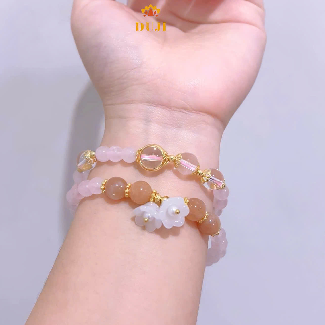 [DUJI] Vòng tay thạch anh hồng mix thạch anh trắng mix đá mặt trời đá tự nhiên 100%