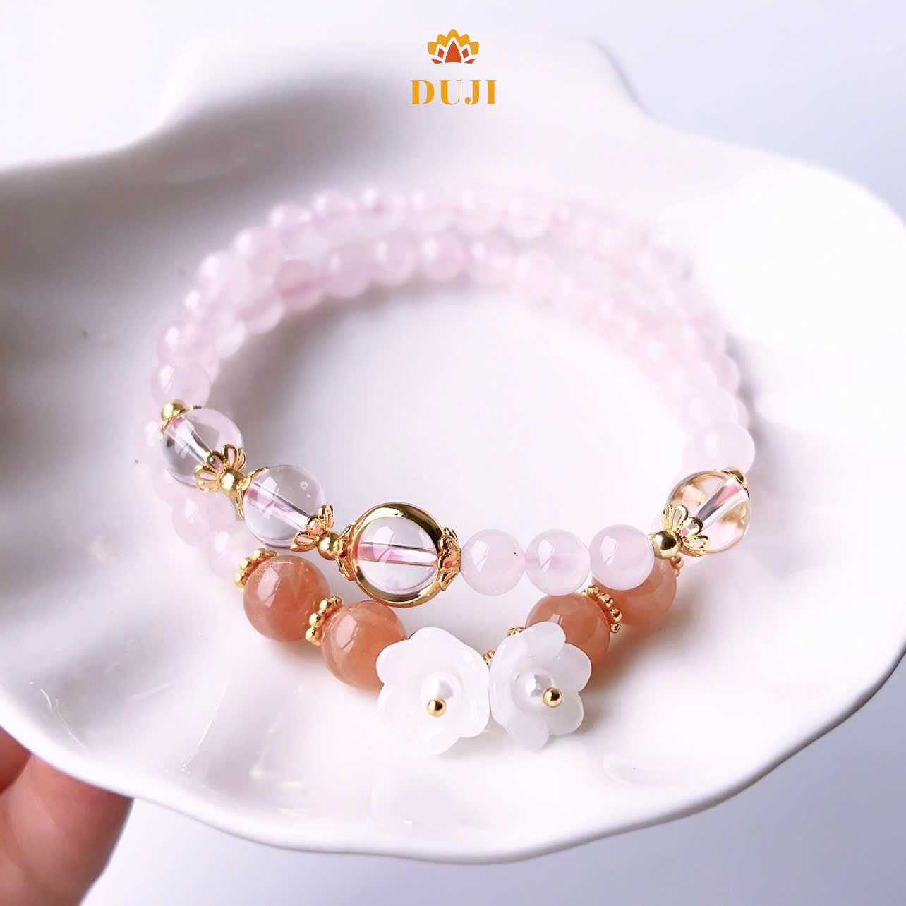 [DUJI] Vòng tay thạch anh hồng mix thạch anh trắng mix đá mặt trời đá tự nhiên 100%