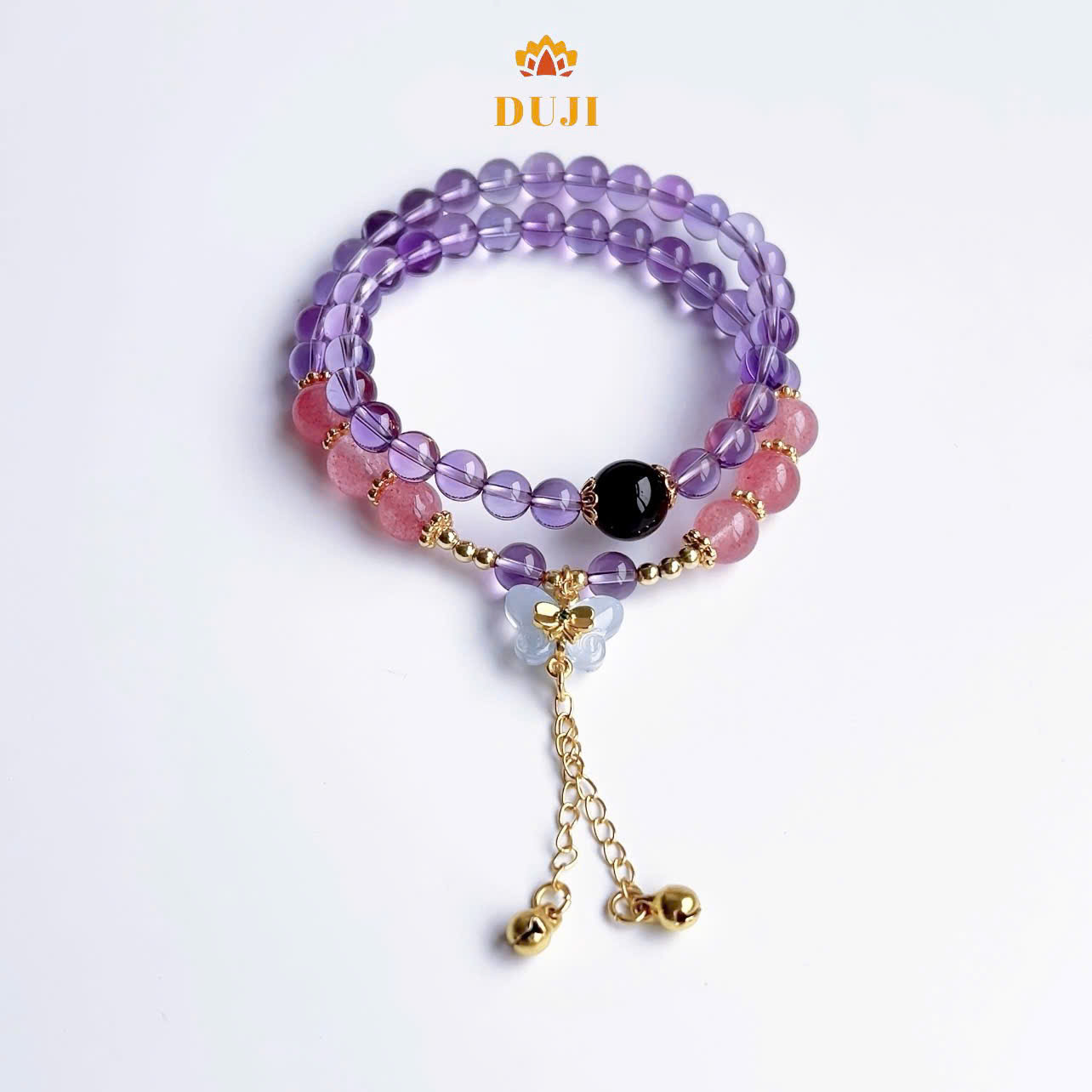 [DUJI] Vòng tay thạch anh tím mix thạch anh dâu tây kết hợp charm bướm đá tự nhiên 100%