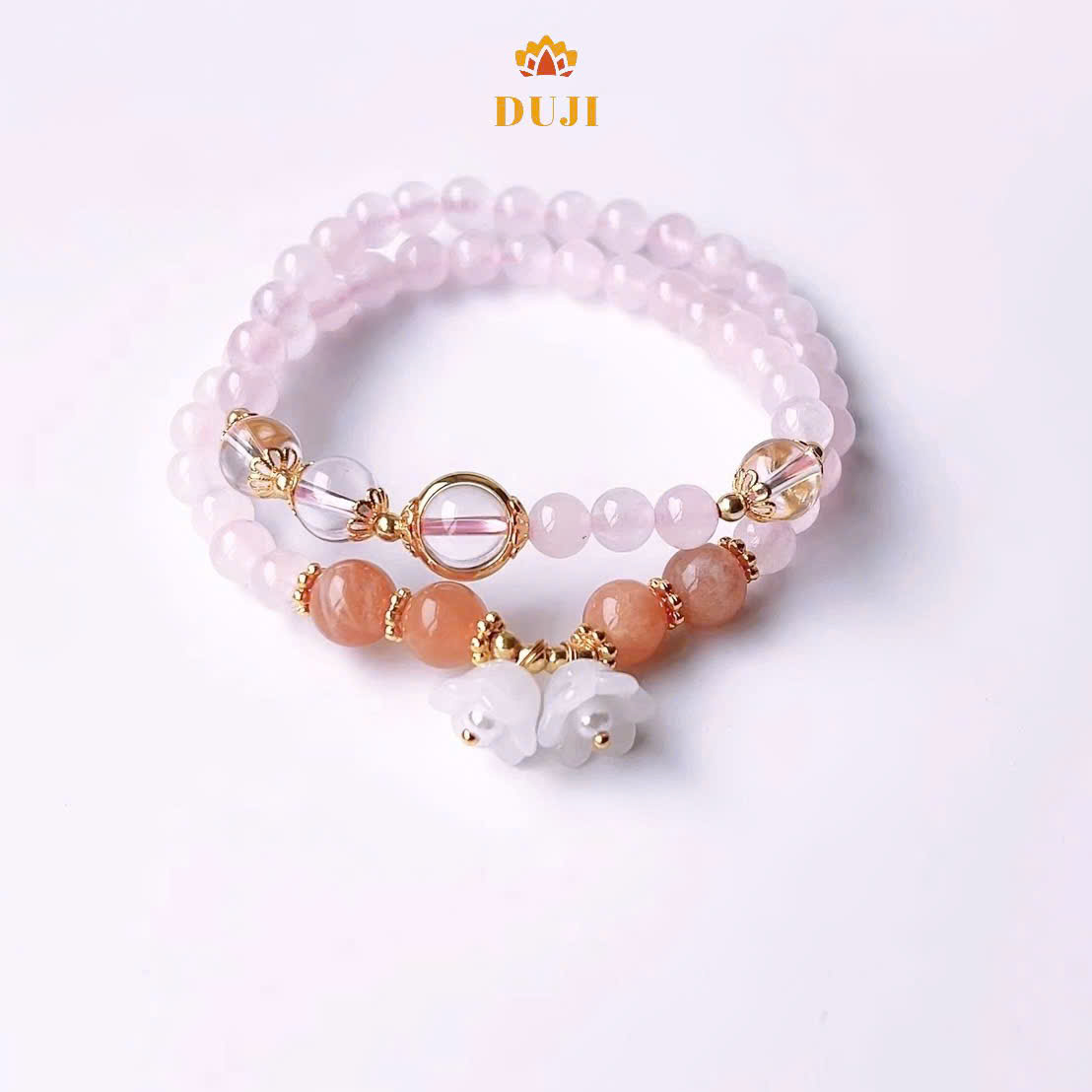 [DUJI] Vòng tay thạch anh hồng mix thạch anh trắng mix đá mặt trời đá tự nhiên 100%