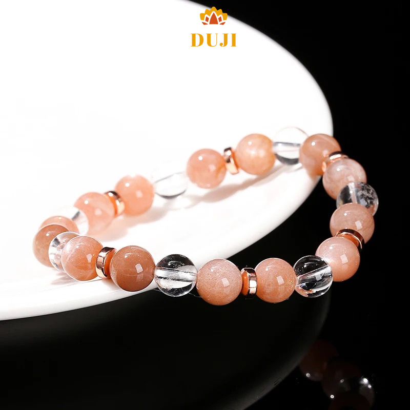 Vòng tay đá mặt trời sunstone mix đá thạch anh trắng