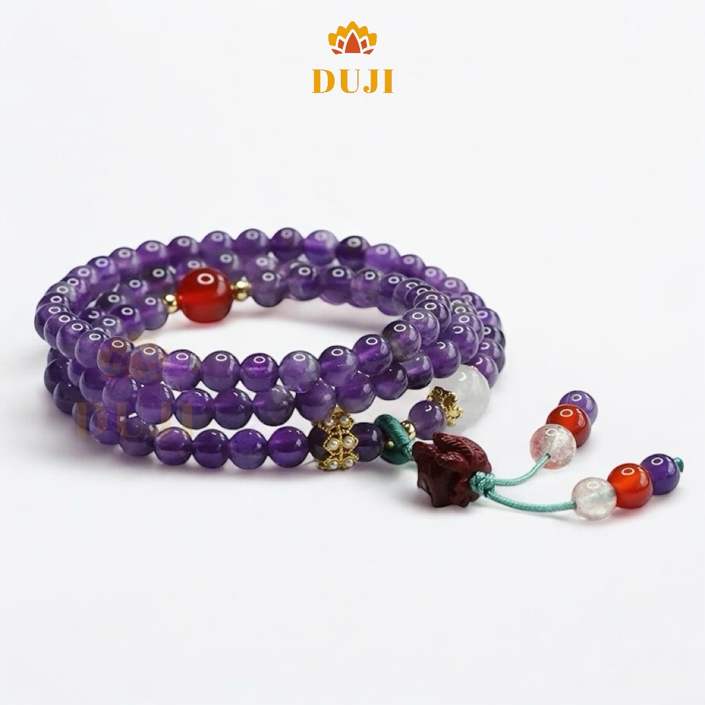 Vòng tay chuỗi quấn 3 vòng thạch anh tím mix charm