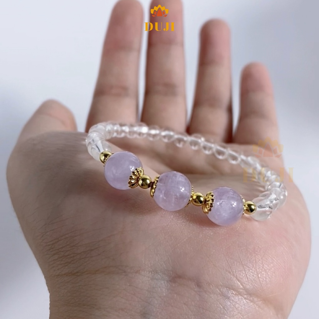 Vòng tay thạch anh trắng 4mm  mix thạch anh tím lavender đá tự nhiên 100%