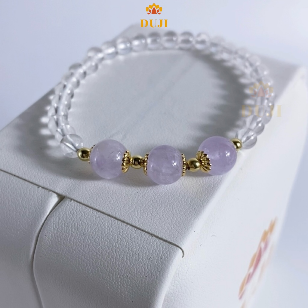 Vòng tay thạch anh trắng 4mm  mix thạch anh tím lavender đá tự nhiên 100%