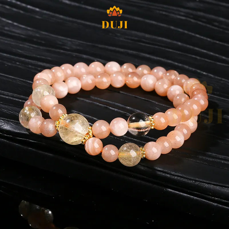 Vòng tay chuỗi 2 vòng đá mặt trời (Sunstone) mix đá thạch anh vàng/ thạch anh tóc vàng