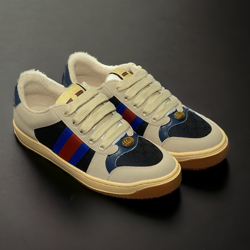 Giày Thể Thao Gu.cci Sơn Tùng Tím Xanh Screener Webbing-Trimmed Distressed Leather And Canvas Navy Sneakers,Giày Nam Nữ