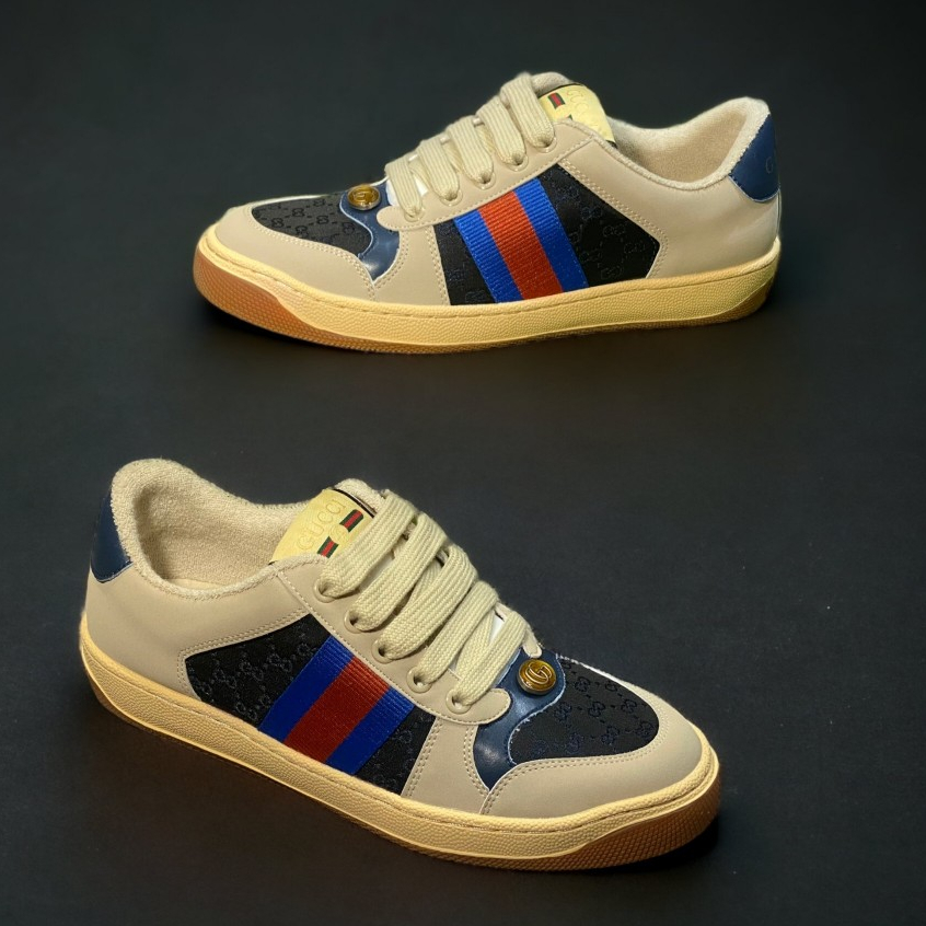 Giày Thể Thao Gu.cci Sơn Tùng Tím Xanh Screener Webbing-Trimmed Distressed Leather And Canvas Navy Sneakers,Giày Nam Nữ