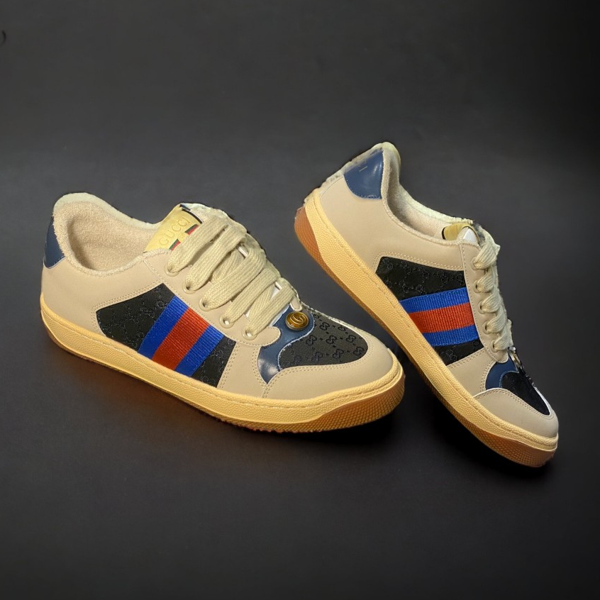 Giày Thể Thao Gu.cci Sơn Tùng Tím Xanh Screener Webbing-Trimmed Distressed Leather And Canvas Navy Sneakers,Giày Nam Nữ
