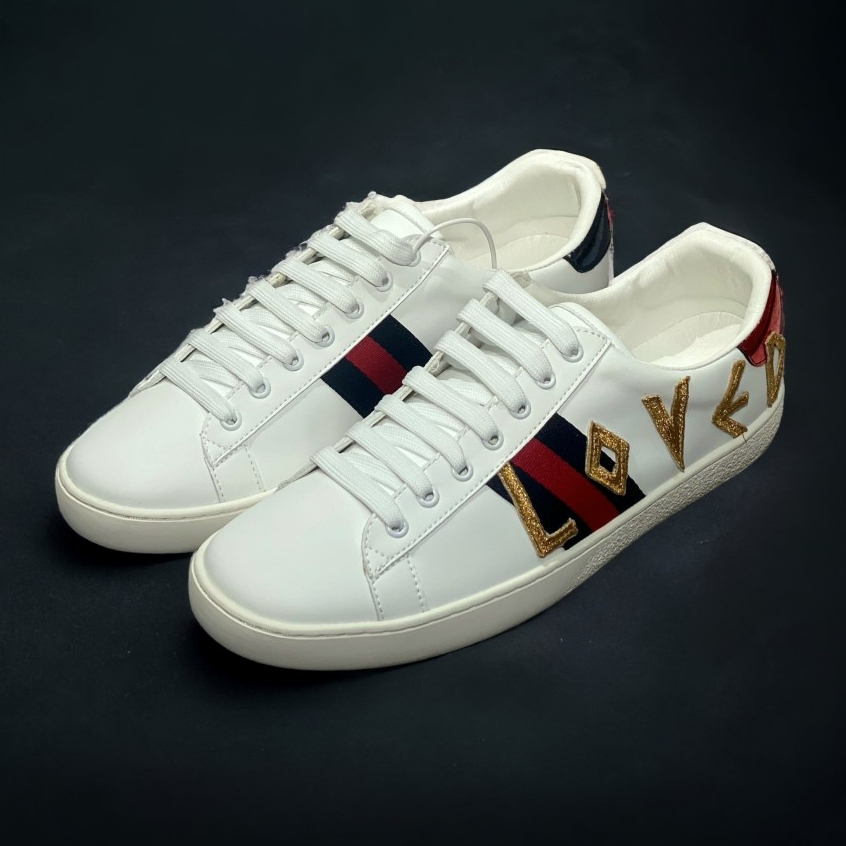 Giày thể thao Gu.cci 3 vạch LOVED,Giày thể thao Gucci White Ace Loved BẢN CAO CẤP, Giày ACE chữ LOVED