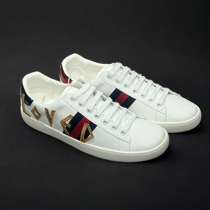 Giày thể thao Gu.cci 3 vạch LOVED,Giày thể thao Gucci White Ace Loved BẢN CAO CẤP, Giày ACE chữ LOVED