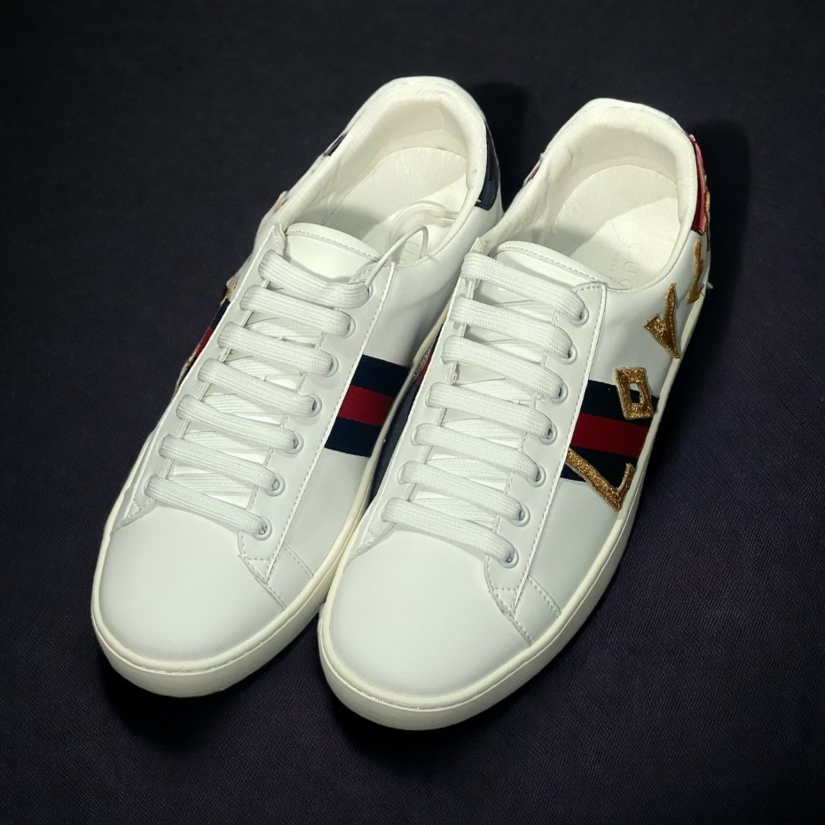 Giày thể thao Gu.cci 3 vạch LOVED,Giày thể thao Gucci White Ace Loved BẢN CAO CẤP, Giày ACE chữ LOVED