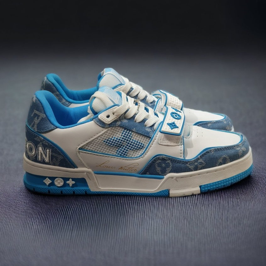 [ AIO LUXURY ] GIÀY LV TRAINER TRẮNG XANH QUAI DÁN BLUE WHITE LAI AU NAM NỮ CAO CẤP,Full Phụ Kiện Bản Cao Cấp Nhất