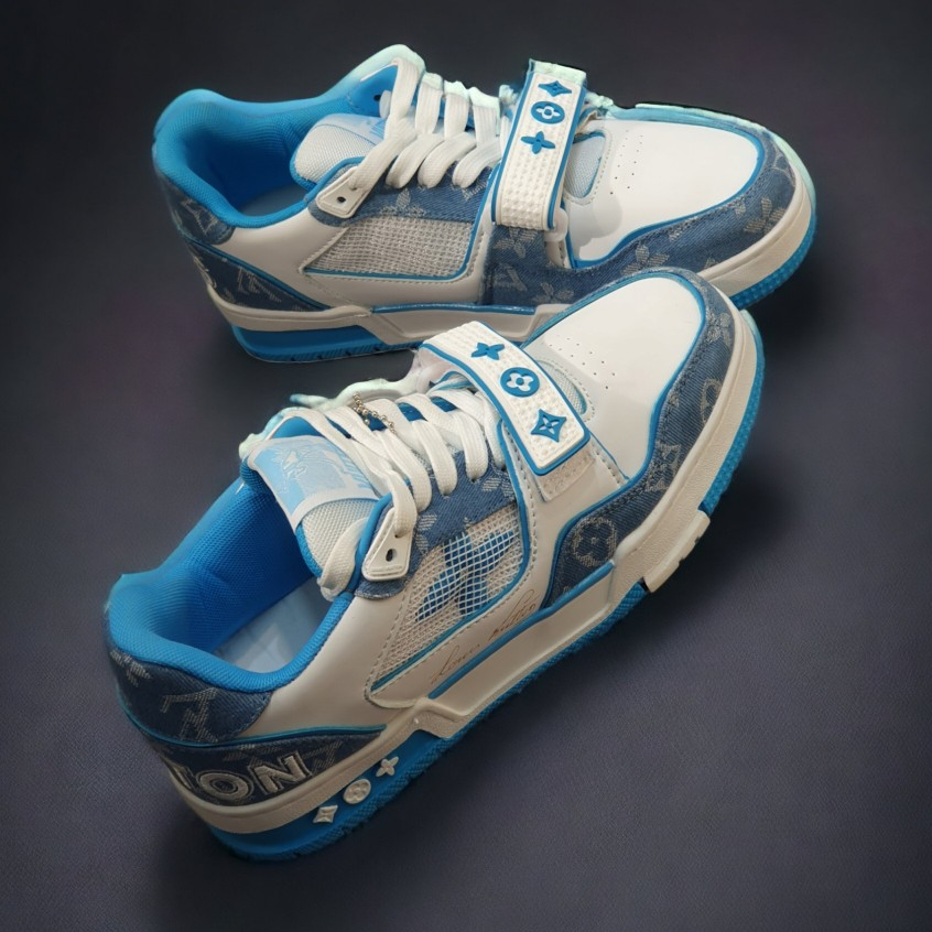 [ AIO LUXURY ] GIÀY LV TRAINER TRẮNG XANH QUAI DÁN BLUE WHITE LAI AU NAM NỮ CAO CẤP,Full Phụ Kiện Bản Cao Cấp Nhất