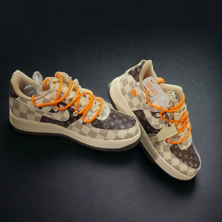 [ AIO LUXURY ] Giày Thể Thao AF1 Custom LV Màu Nâu Xám Dây Cam, Giày Air Force 1 LV Nâu, Full Phụ Kiện Bản Cao Nhất
