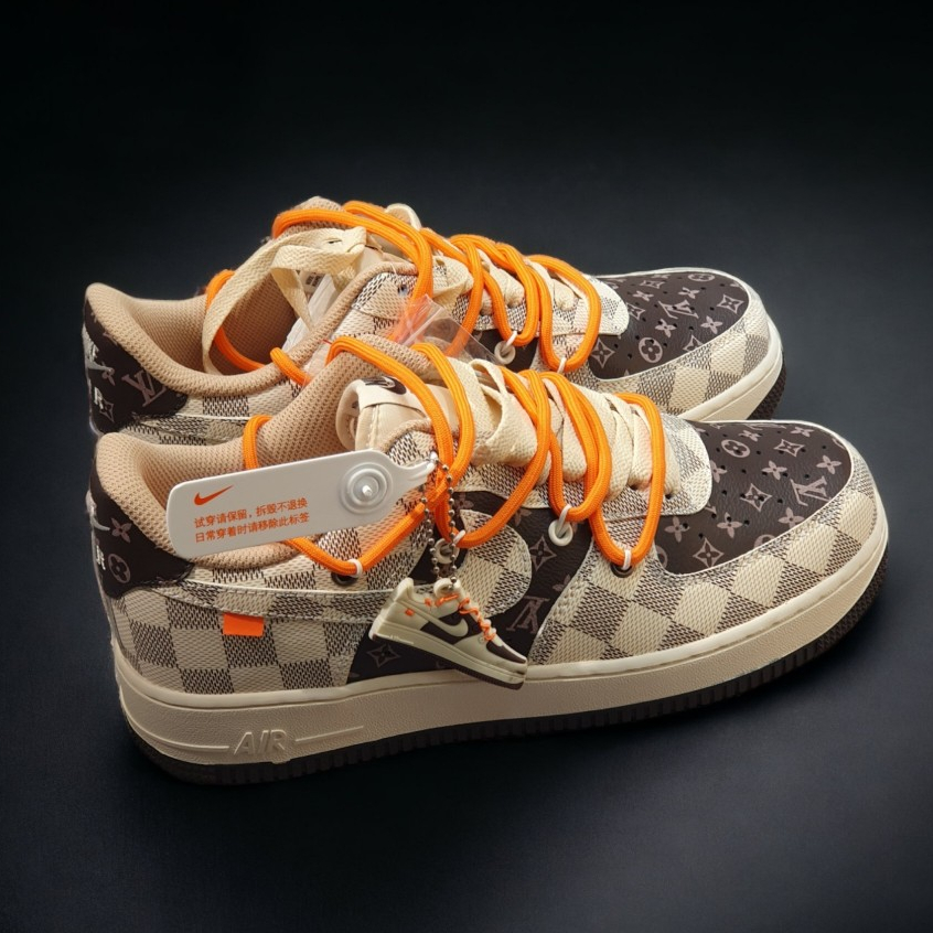 [ AIO LUXURY ] Giày Thể Thao AF1 Custom LV Màu Nâu Xám Dây Cam, Giày Air Force 1 LV Nâu, Full Phụ Kiện Bản Cao Nhất