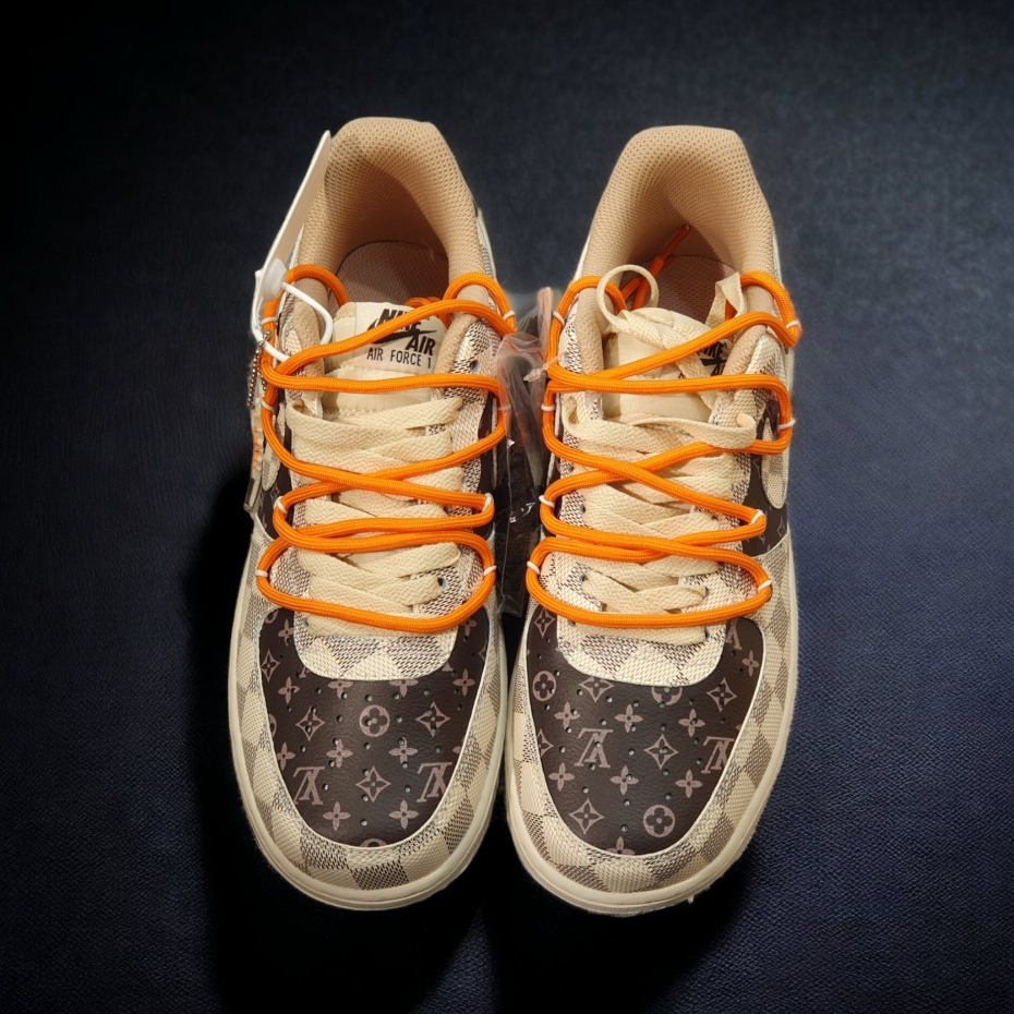 [ AIO LUXURY ] Giày Thể Thao AF1 Custom LV Màu Nâu Xám Dây Cam, Giày Air Force 1 LV Nâu, Full Phụ Kiện Bản Cao Nhất