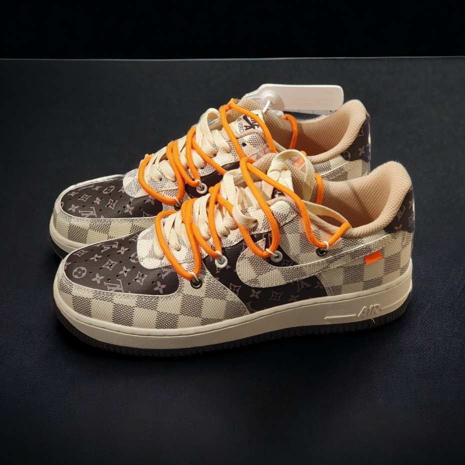 [ AIO LUXURY ] Giày Thể Thao AF1 Custom LV Màu Nâu Xám Dây Cam, Giày Air Force 1 LV Nâu, Full Phụ Kiện Bản Cao Nhất