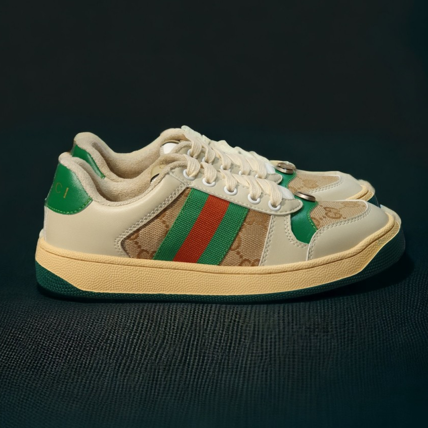 Giày thể thao Gu.cci Sơn Tùngg xanh lá kem trơn gót xanh lá,Giày Gu.cci Screener Beige Green Red Distressed Best Quality