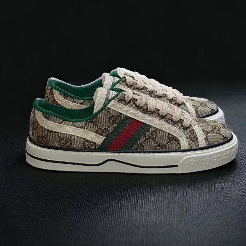 Giày thể thao Gu.cci Tennis nâu 1977, Giày thể thao GC 3 sọc GG-Canvas And Leather Trainers Green,Nâu Canvas Lai Au