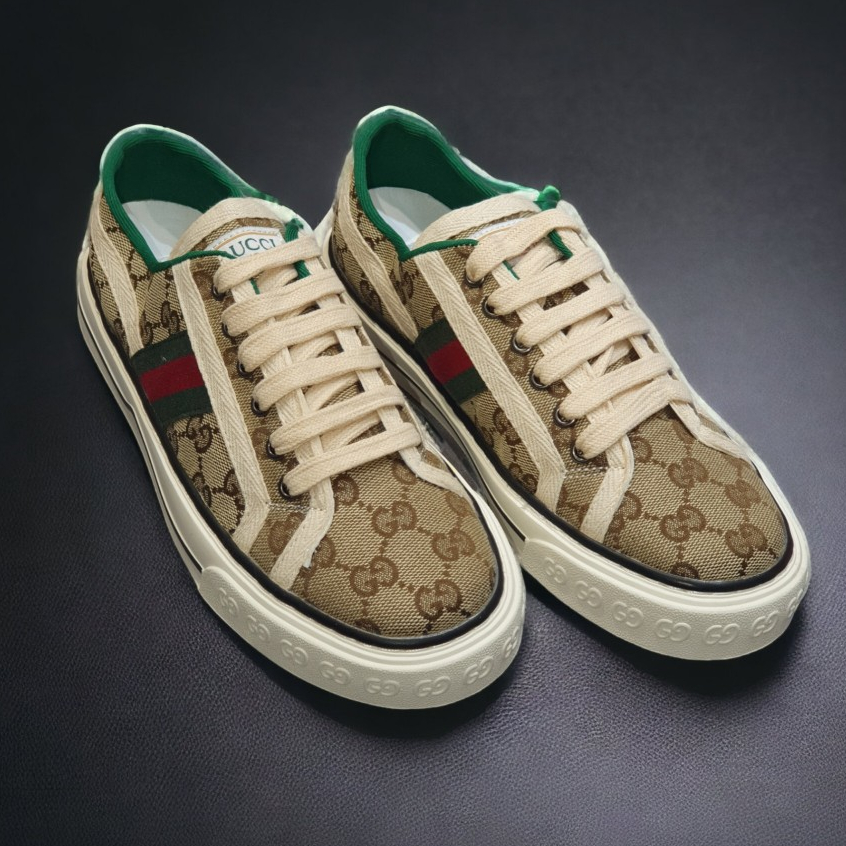 Giày thể thao Gu.cci Tennis nâu 1977, Giày thể thao GC 3 sọc GG-Canvas And Leather Trainers Green,Nâu Canvas Lai Au