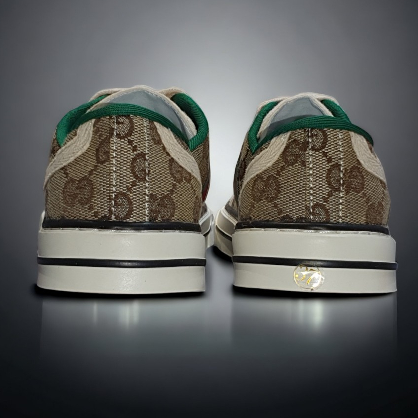 Giày thể thao Gu.cci Tennis nâu 1977, Giày thể thao GC 3 sọc GG-Canvas And Leather Trainers Green,Nâu Canvas Lai Au