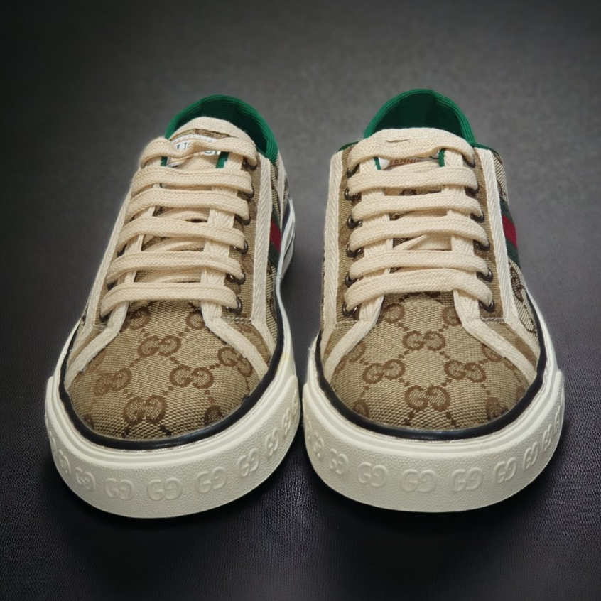 Giày thể thao Gu.cci Tennis nâu 1977, Giày thể thao GC 3 sọc GG-Canvas And Leather Trainers Green,Nâu Canvas Lai Au