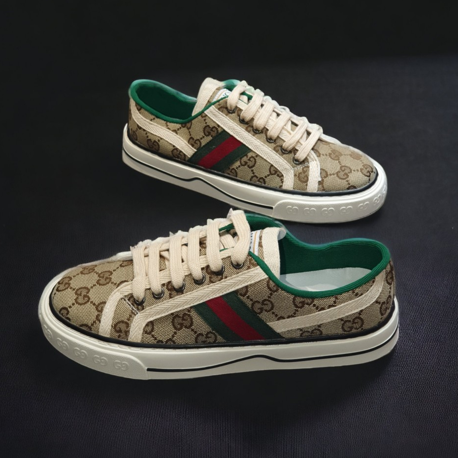 Giày thể thao Gu.cci Tennis nâu 1977, Giày thể thao GC 3 sọc GG-Canvas And Leather Trainers Green,Nâu Canvas Lai Au